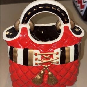 David's Cookies Mini Purse Cookie Jar Red, Beige,Blk,White Gold 7 " Tall